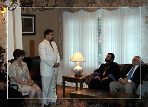 Ambassador Ara Papian welcoming Bishop Bagrat to the Armenian Embassy.